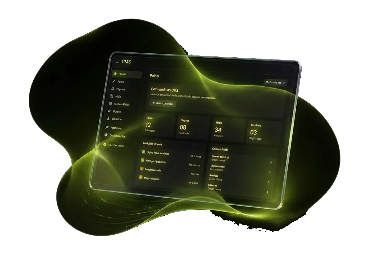 Tablet com interface CMS translúcida em destaque